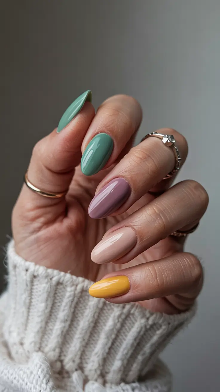 stylish spring almond nails 2026 Muted Pastel Harmony - Soft Mixed Almond Spring Palette