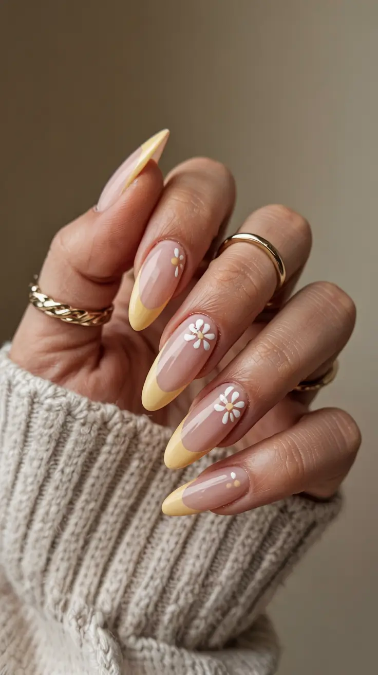 stylish spring almond nails 2026 Butter Daisy French - Soft Yellow Floral Almond Tips