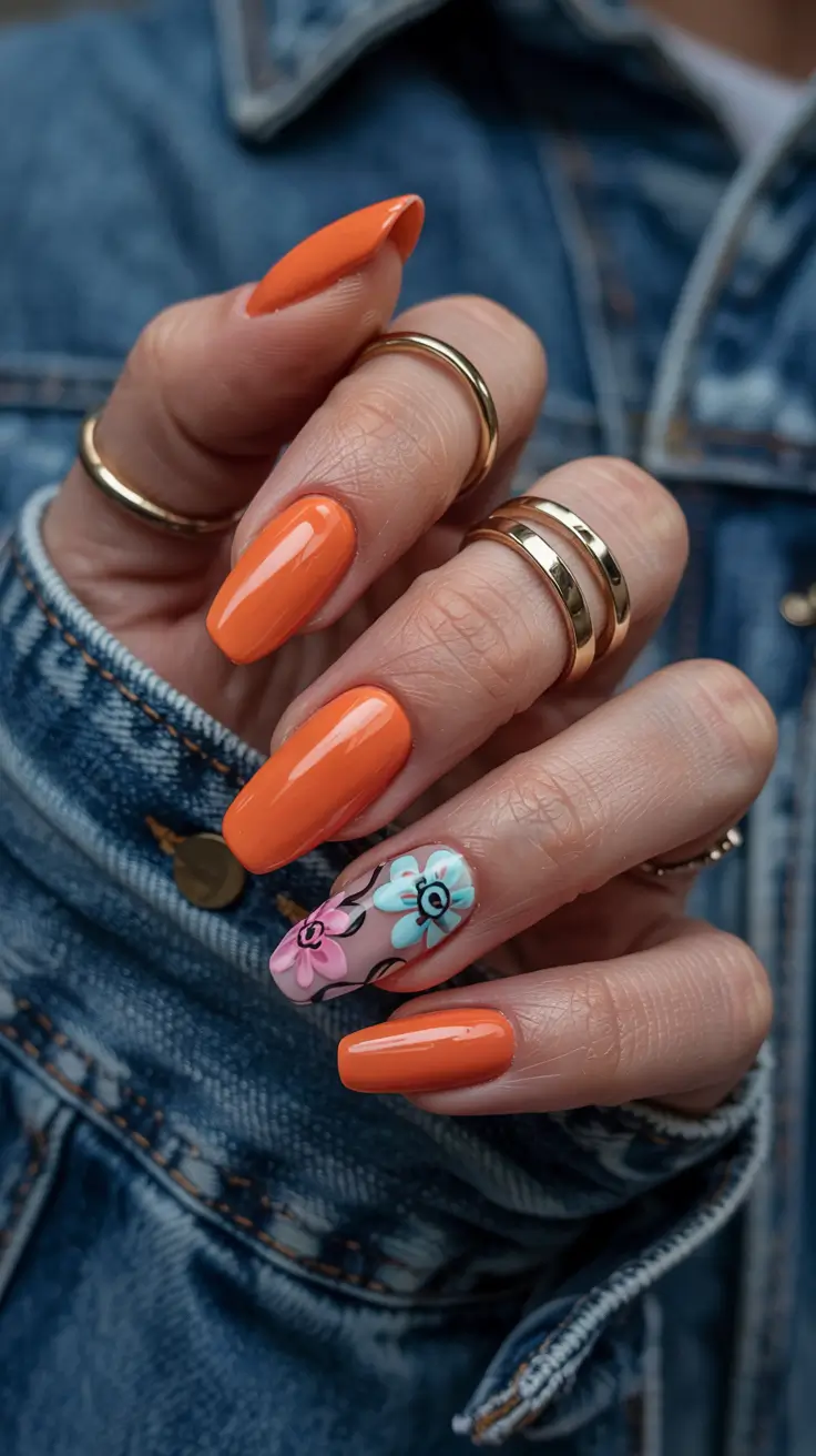 stylish spring almond nails 2026 Juicy Tangerine Bloom - Bold Citrus Almond Nails with Floral Accent