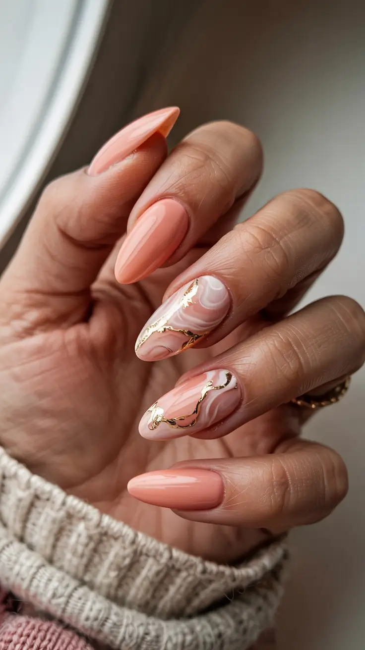 stylish spring almond nails 2026 Peach Marble Elegance - Soft Gold Veined Almond Nails