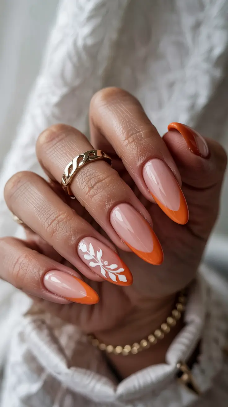 stylish spring almond nails 2026 Orange Blossom French - Modern Citrus Almond Tips