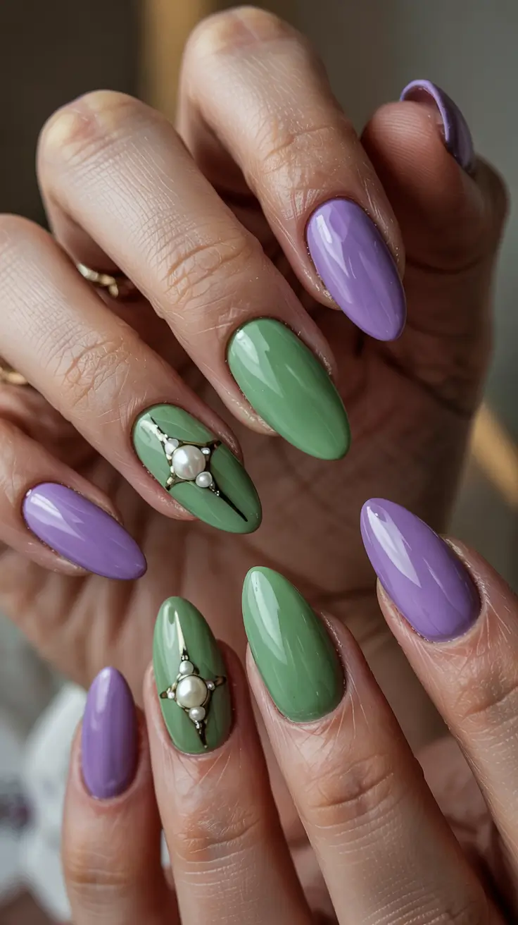 stylish spring almond nails 2026 Lavender Meadow Gems - Soft Purple and Sage Almond Nails