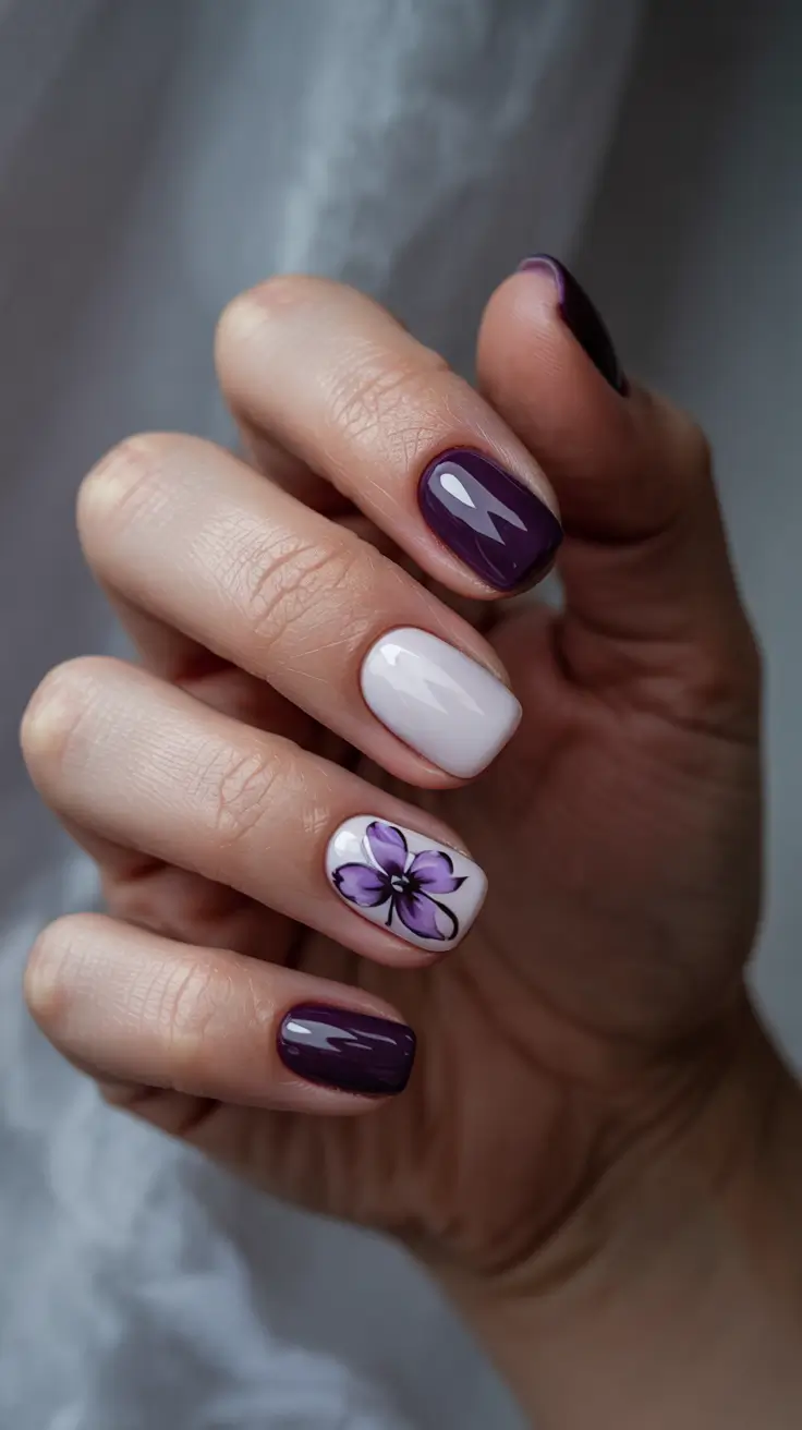 stylish spring nails 2026 Deep Plum and Porcelain Florals
