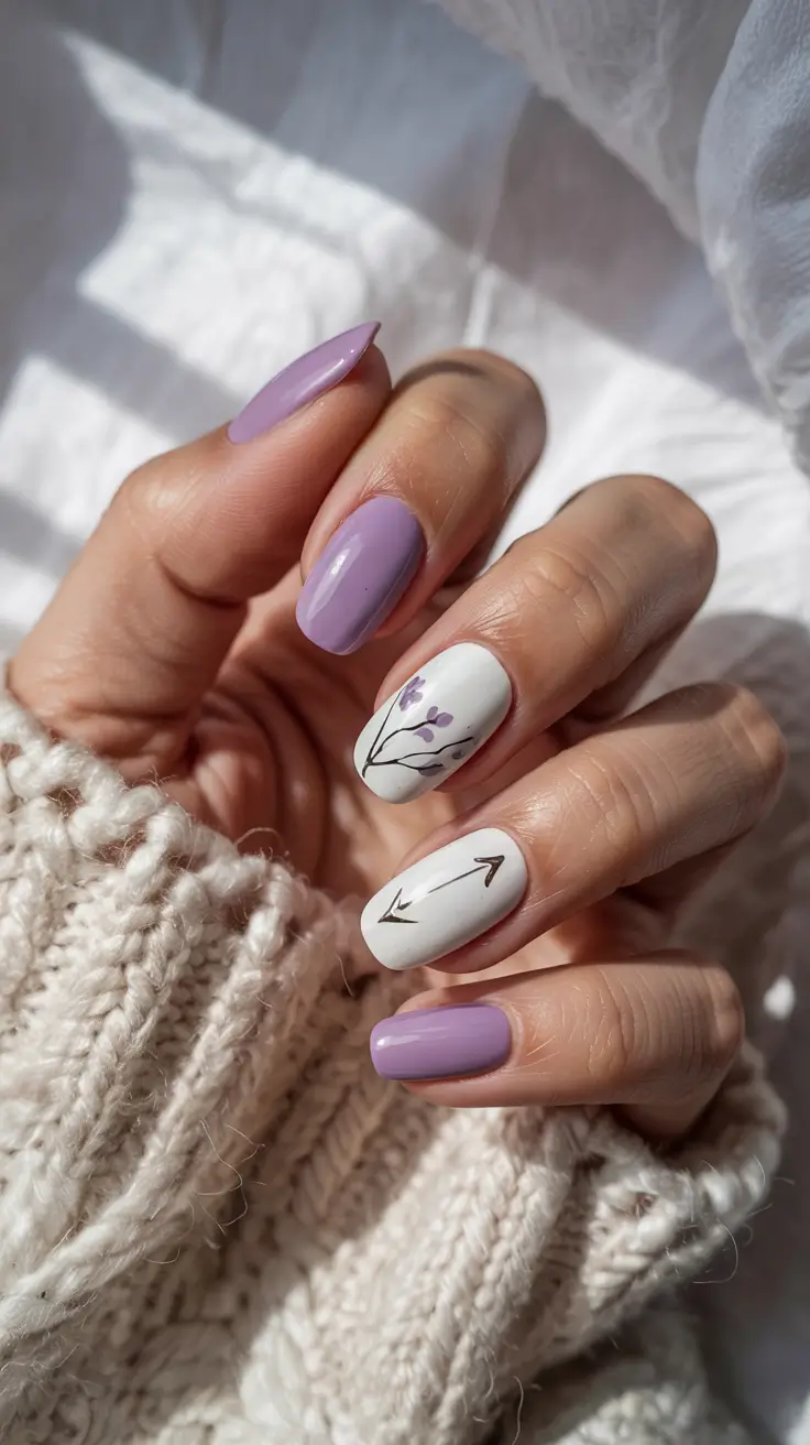stylish spring nails 2026 Minimal Lilac with Botanical Line Art