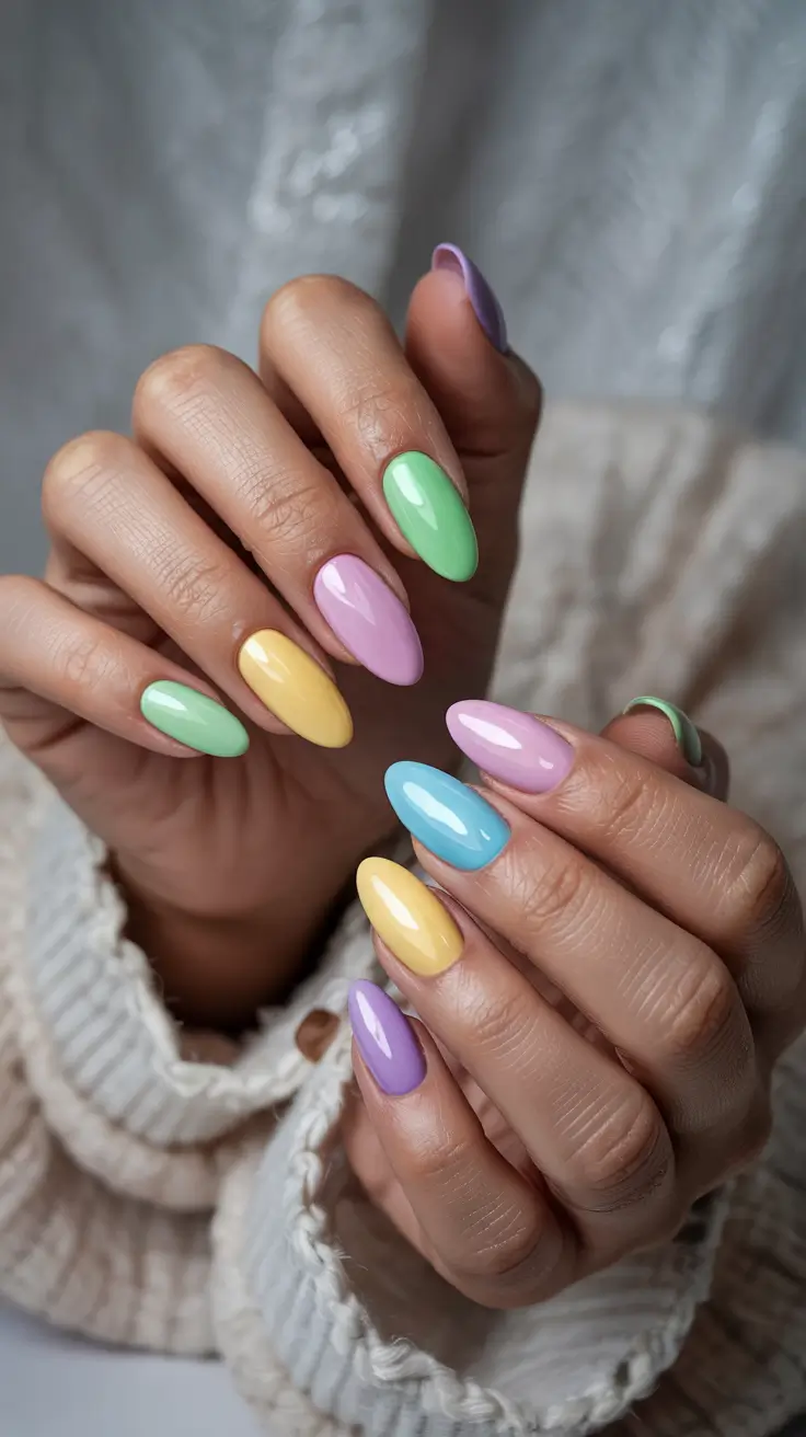 stylish spring nails 2026 Pastel Rainbow Almond Revival