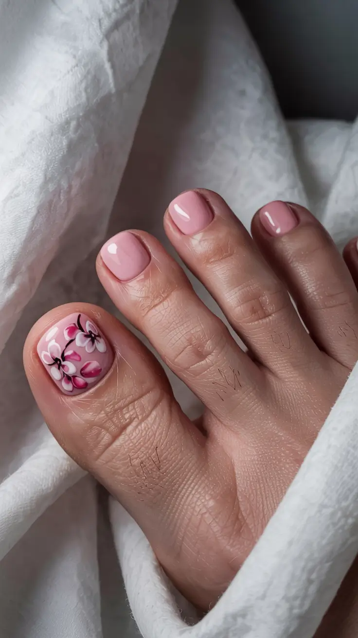 stylish spring toe nails 2026 Classic Pink with Cherry Blossom Accent