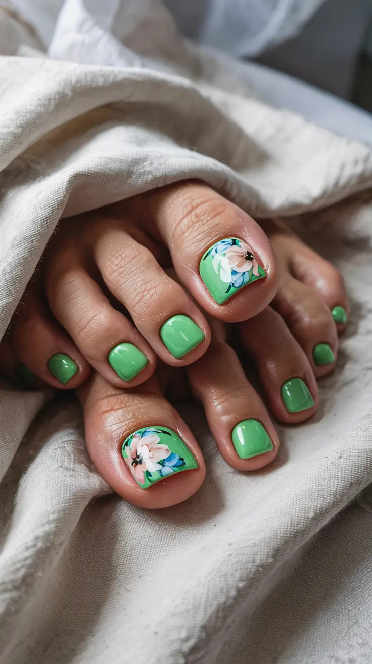 stylish spring toe nails 2026 Botanical Mint with Hand-Painted Blossom Detail