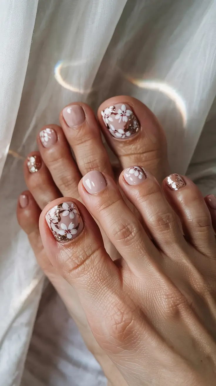 stylish spring toe nails 2026 Delicate White Florals with Golden Foil Accents