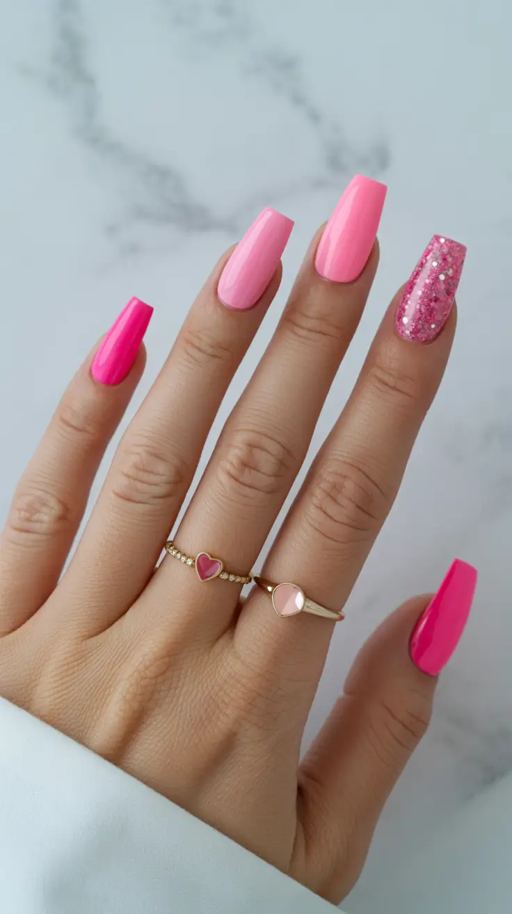 stylish spring vacation nails 2026 Hot Pink Gloss with Statement Glitter Accent