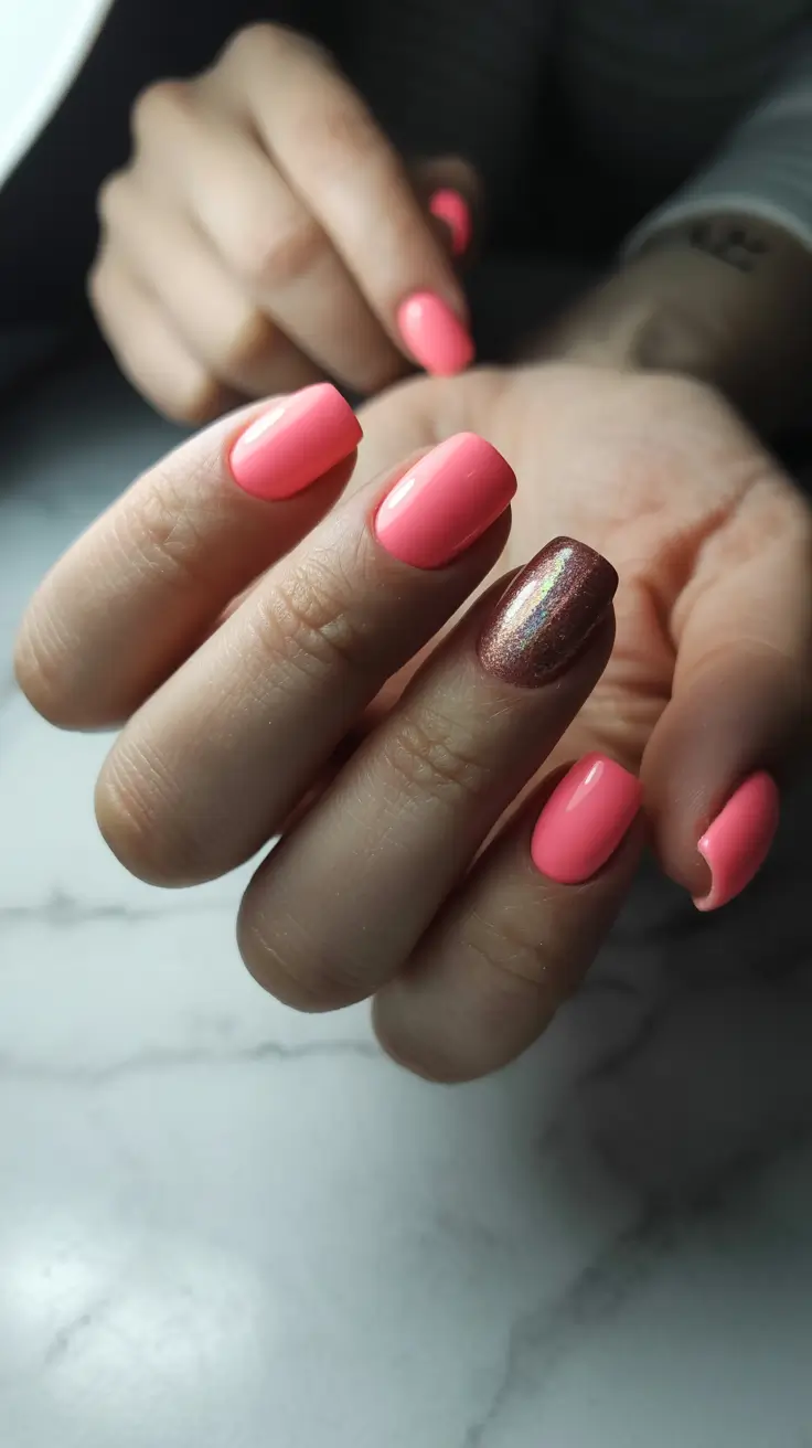 stylish spring vacation nails 2026 Coral Gloss with Bronze Metallic Accent