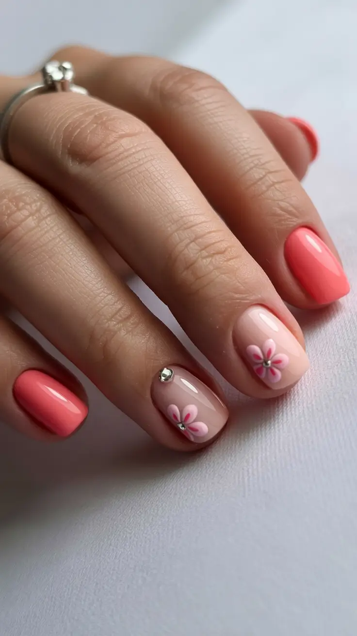 stylish spring vacation nails 2026 Soft Nude with Coral Florals and Crystal Detail