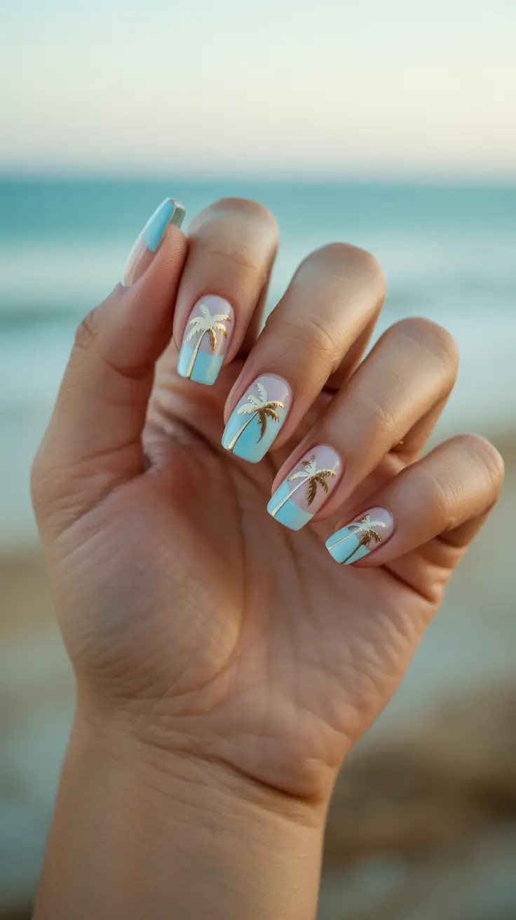 stylish spring vacation nails 2026 Sky Blue French with Gold Palm Accents