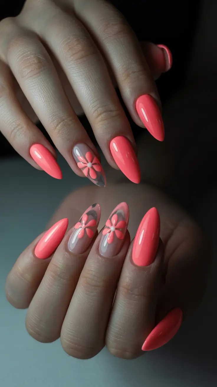 stylish spring vacation nails 2026 Neon Coral Florals with Sheer Accent