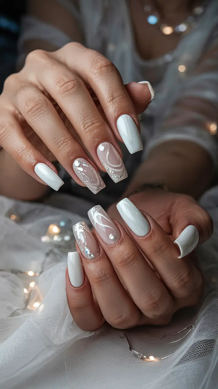 stylish spring wedding nails 2026 Ivory Swirl Art with Pearl Accents
