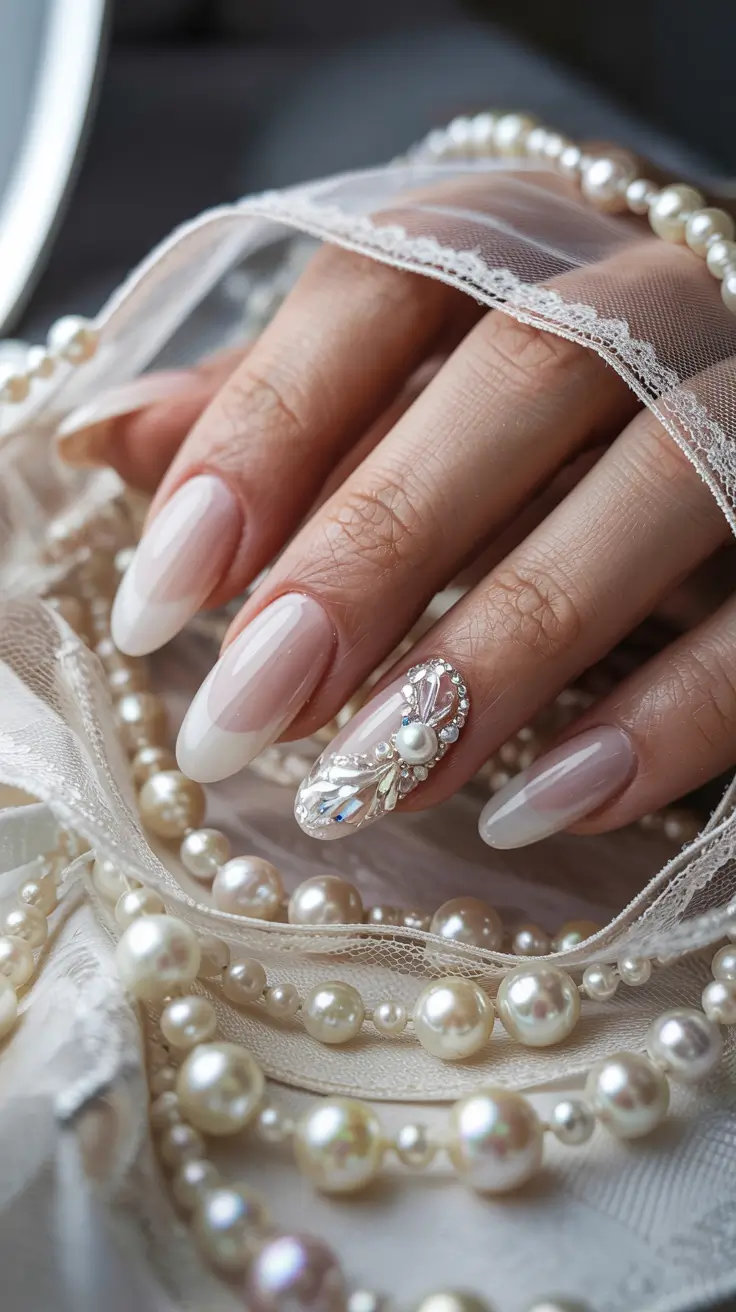 stylish spring wedding nails 2026 Classic French with Pearl Statement Accent