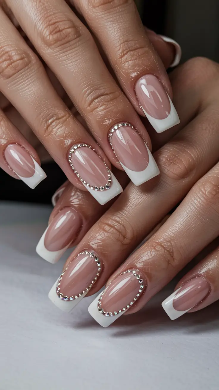 stylish spring wedding nails 2026 Crystal-Framed French Square