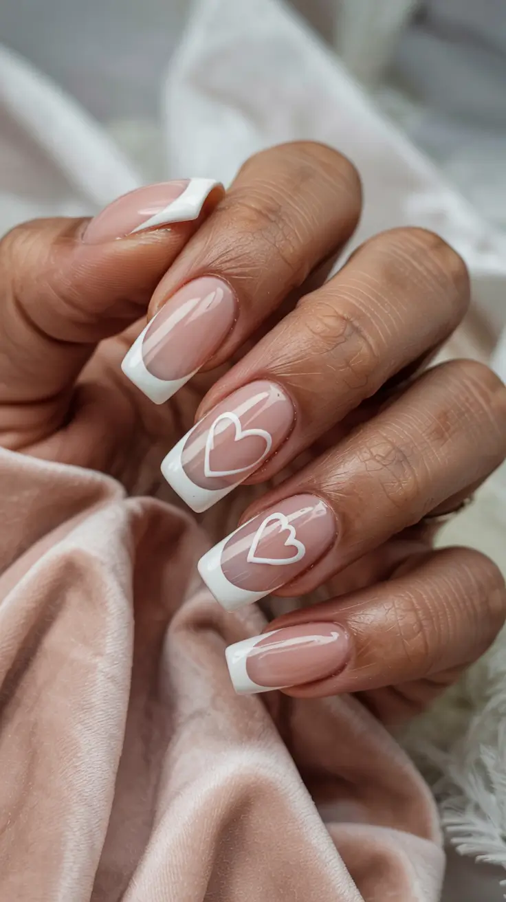 stylish spring wedding nails 2026 Soft Square French with Minimal Heart Accents