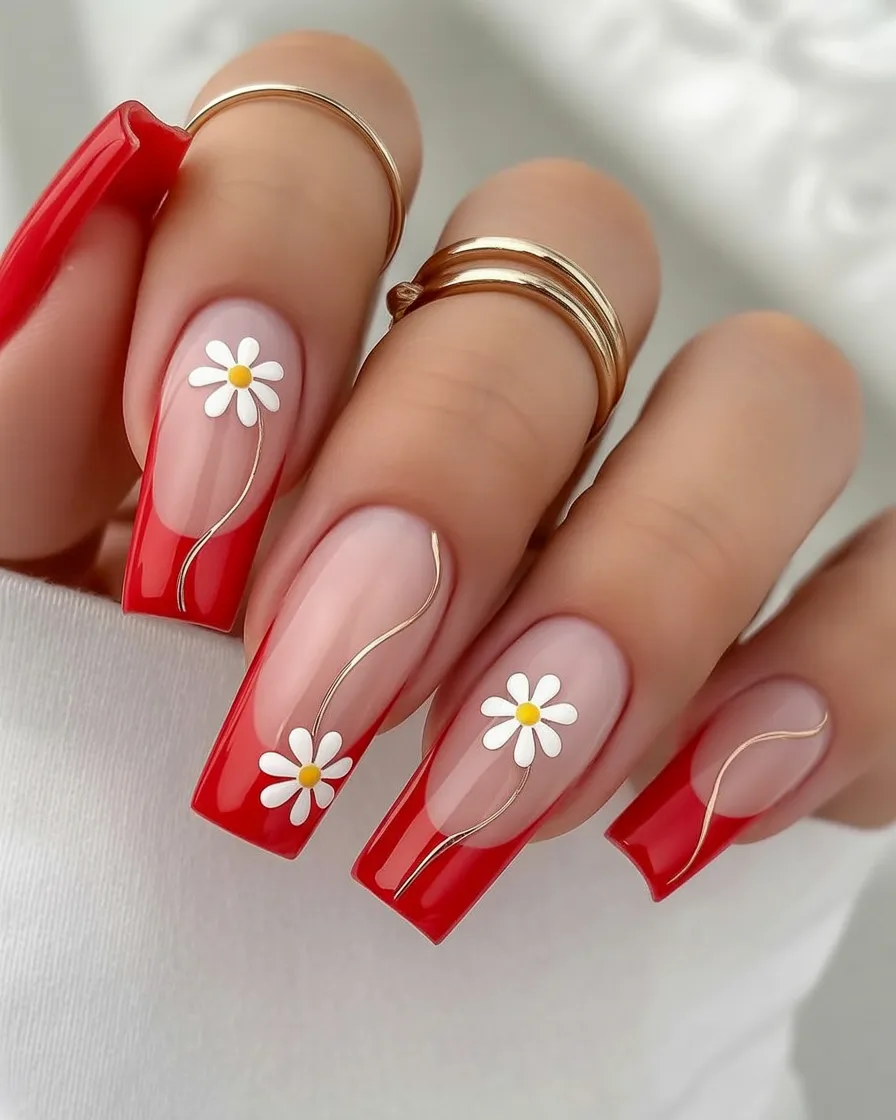 Red square French tip nails with daisy art