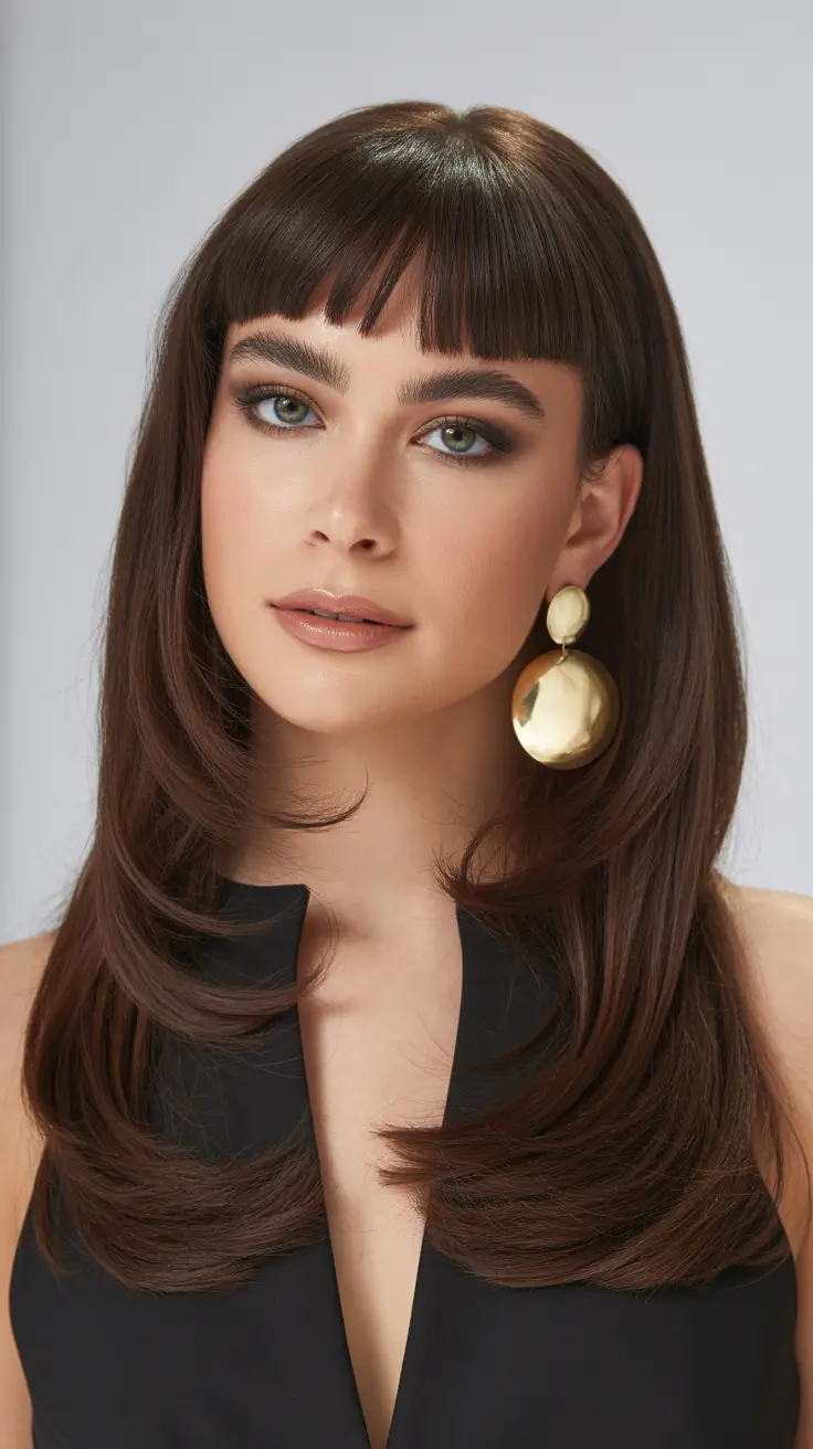 Trendy spring haircuts 2026 Long Structured Layers With Bold Micro Bangs