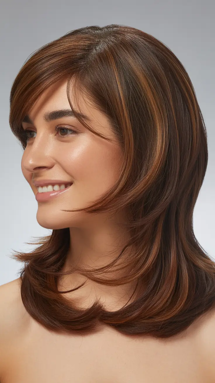 Trendy spring haircuts 2026 Classic Layered Medium Cut With Soft Bangs