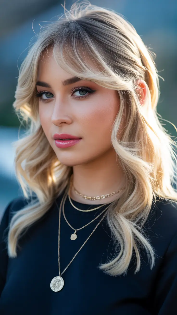 Trendy spring haircuts 2026 Medium Length Waves With Airy Curtain Bangs