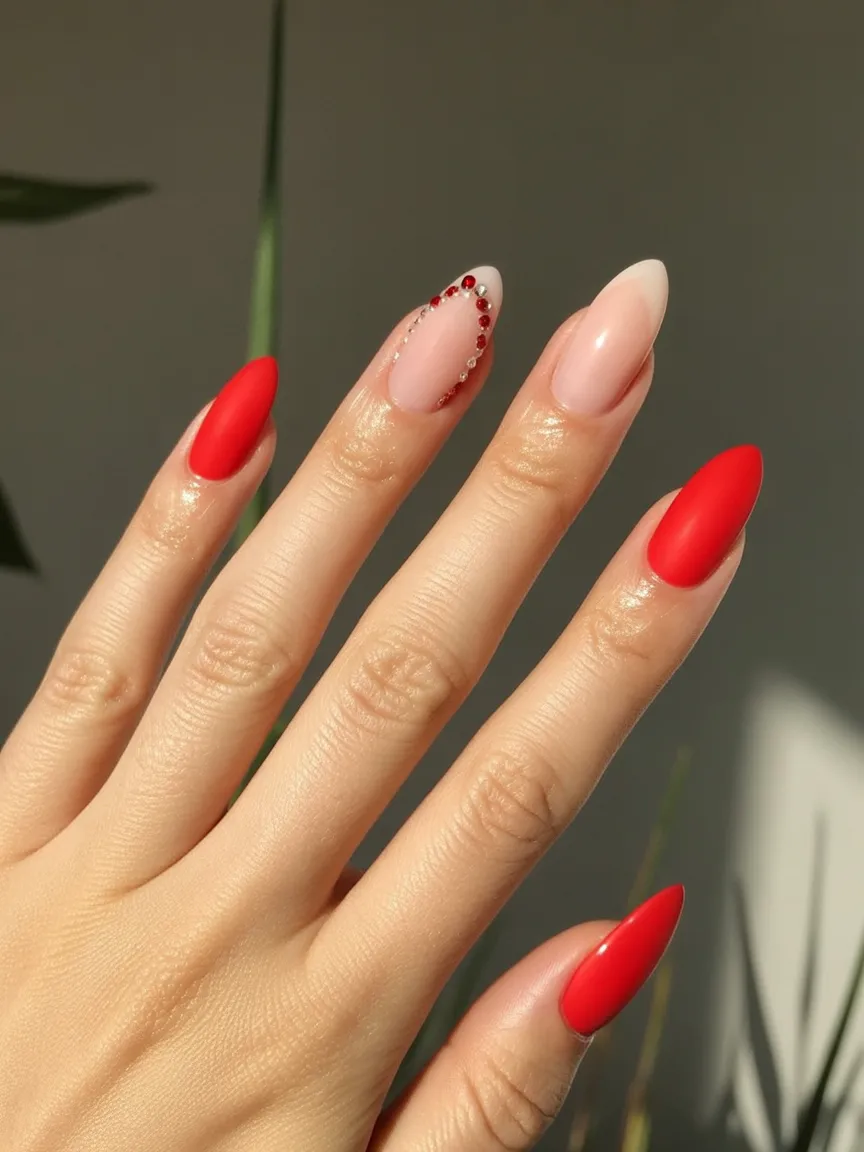 Red almond nails with rhinestone accent