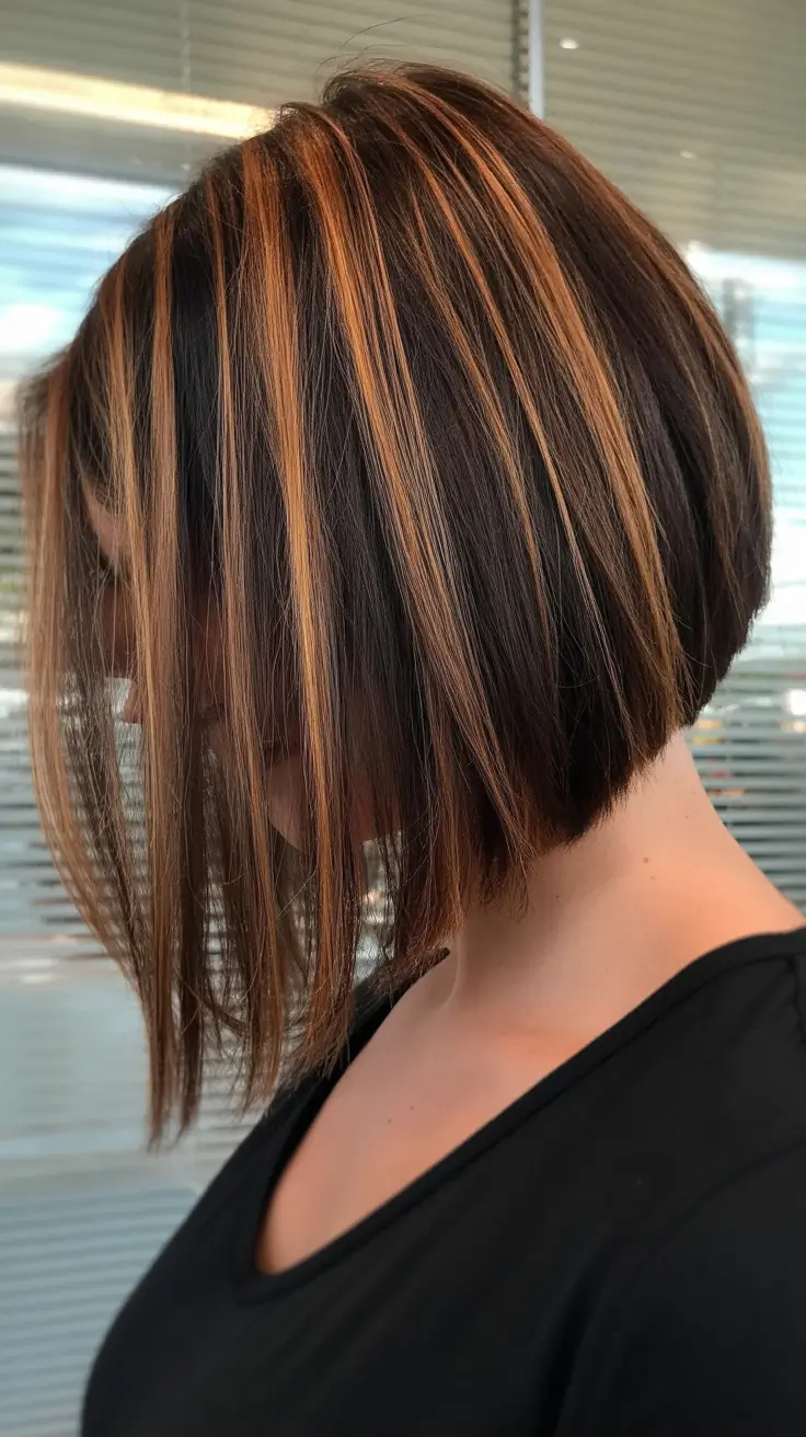 vibrant spring brown hair color 2026 Bold Cinnamon Streak Bob with Graphic Edge