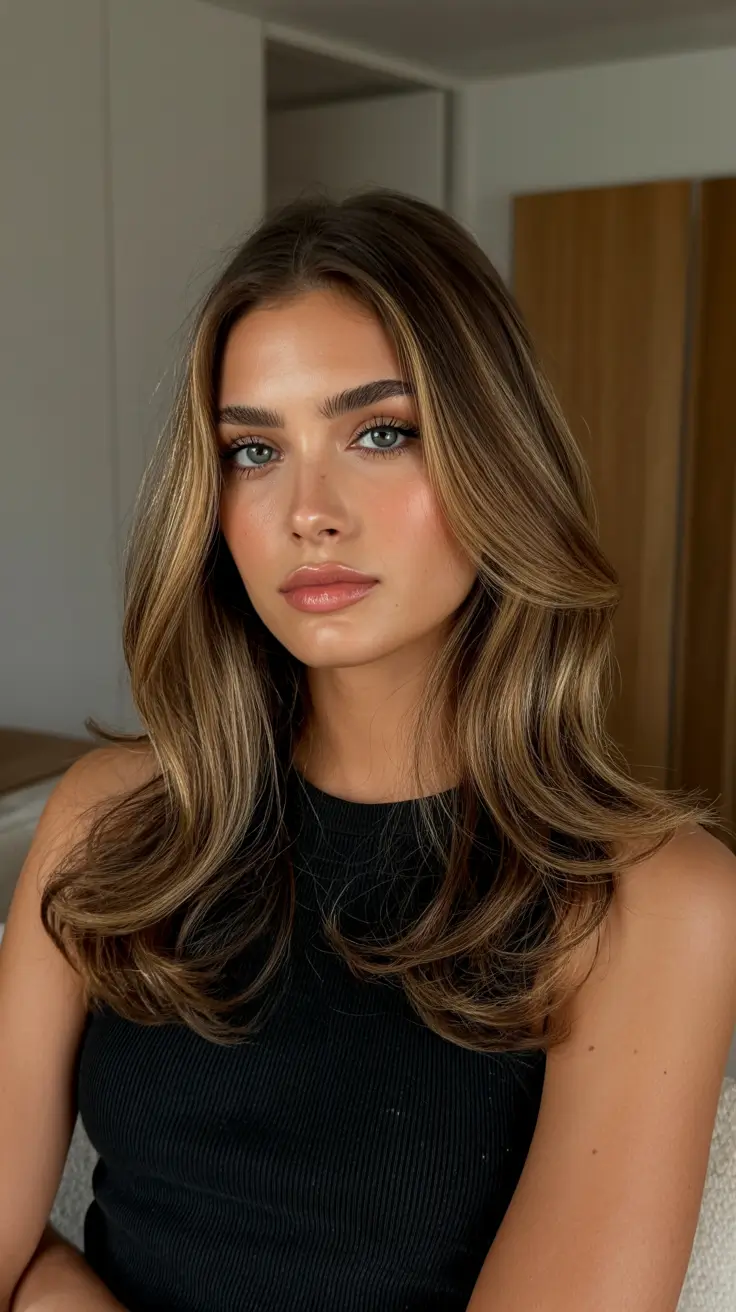 vibrant spring brown hair color 2026 Mocha Contour Layers with Modern Shine