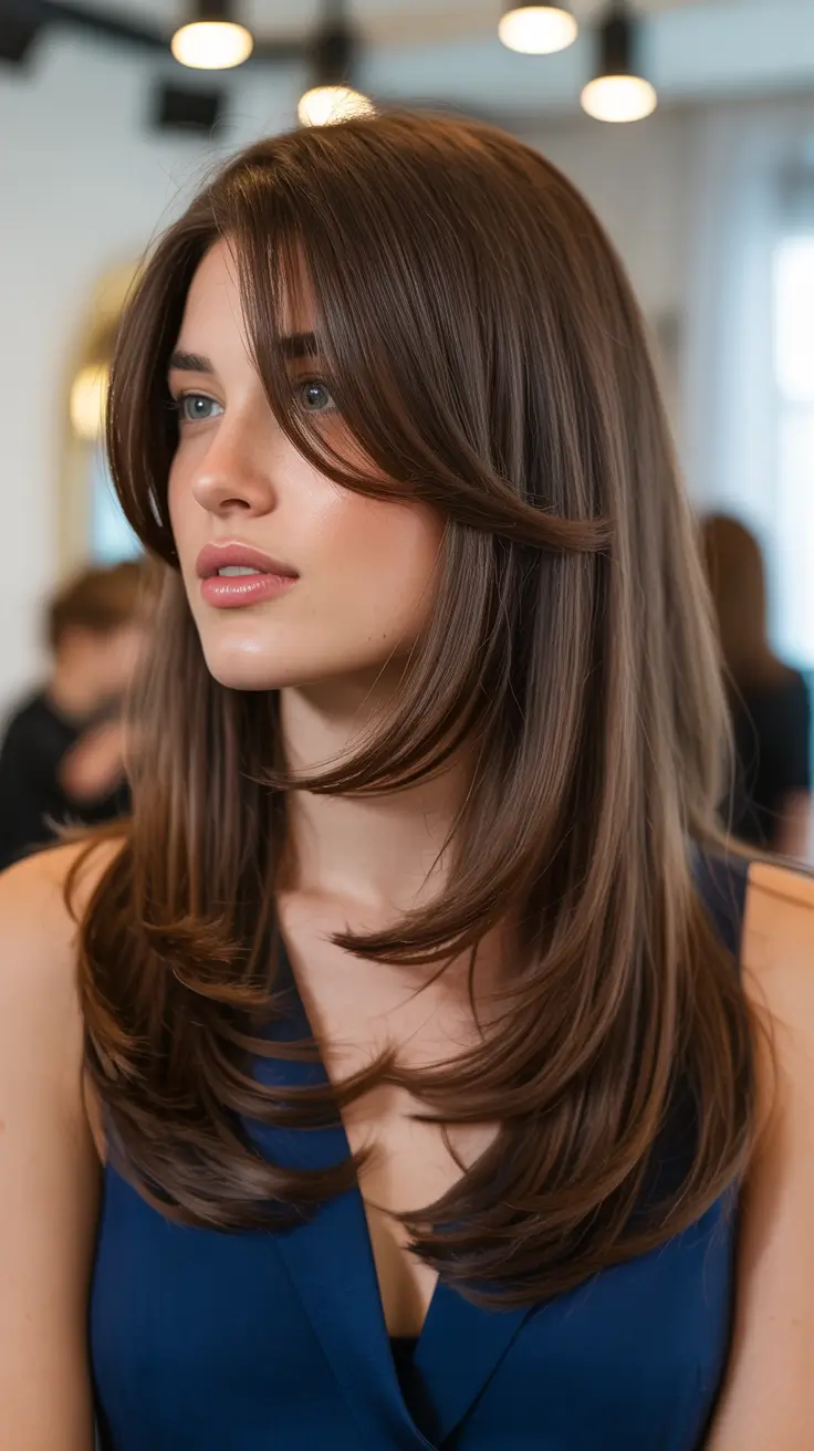vibrant spring brown hair color 2026 Polished Brunette with Sculpted Face-Framing Layers