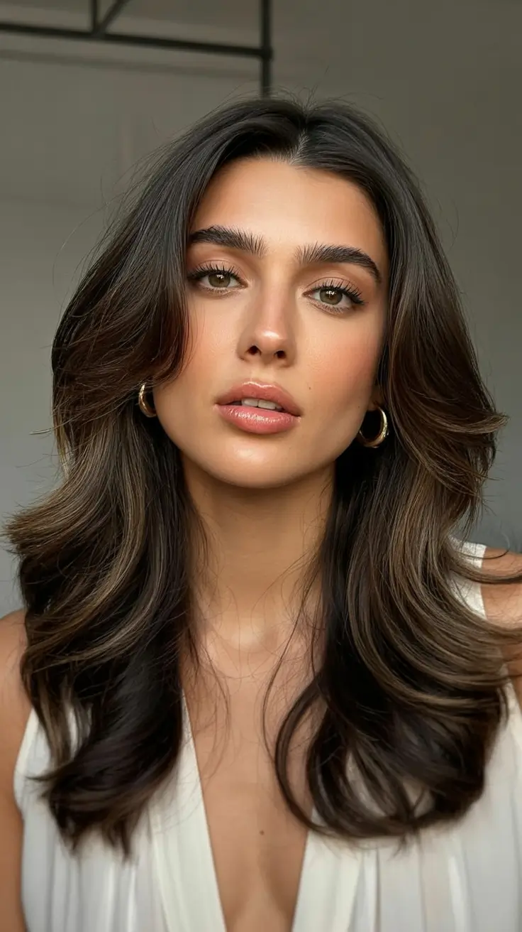 vibrant spring brown hair color 2026 Deep Cocoa Layers with Soft Spring Movement