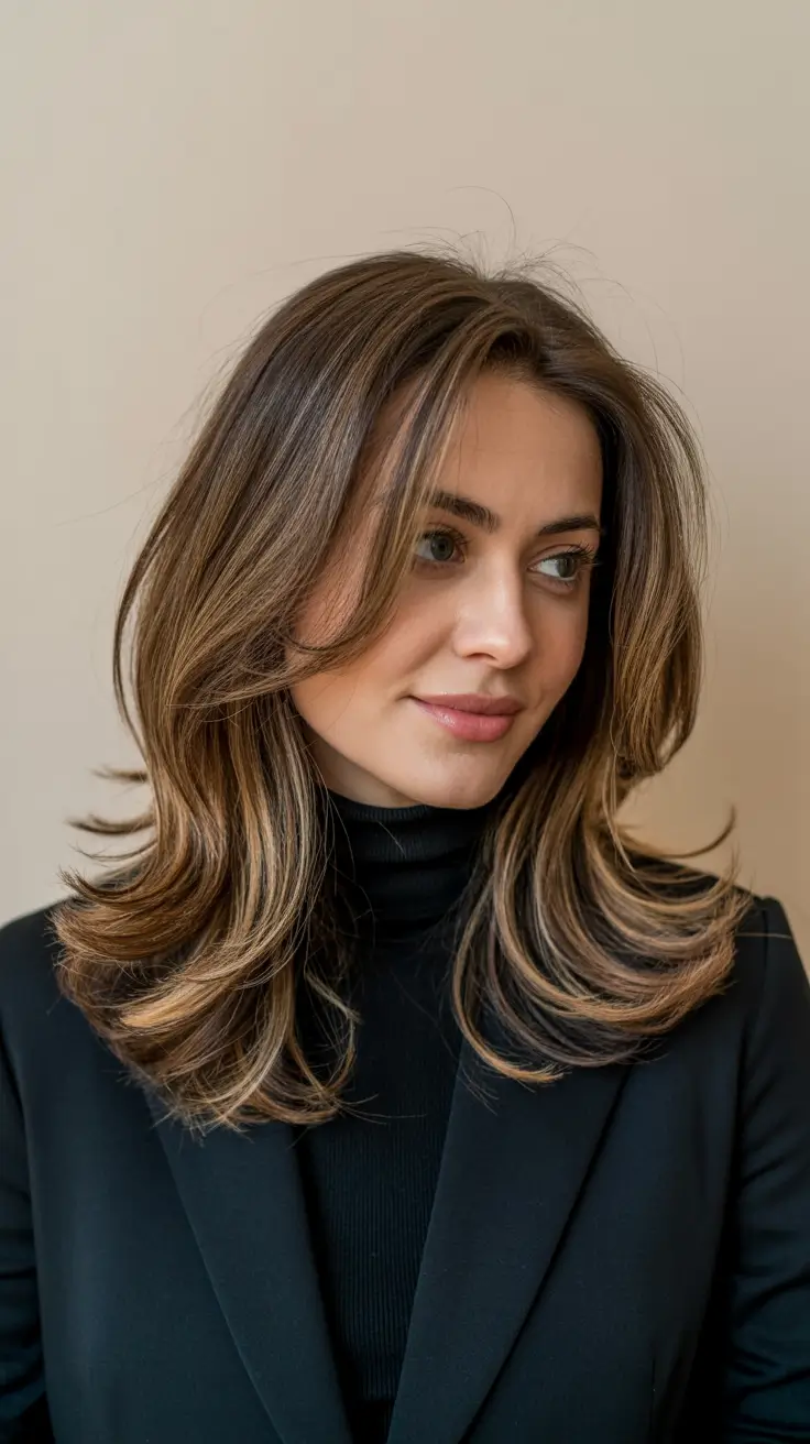 vibrant spring brown hair color 2026 Feathered Mocha Layers with Subtle Honey Contour