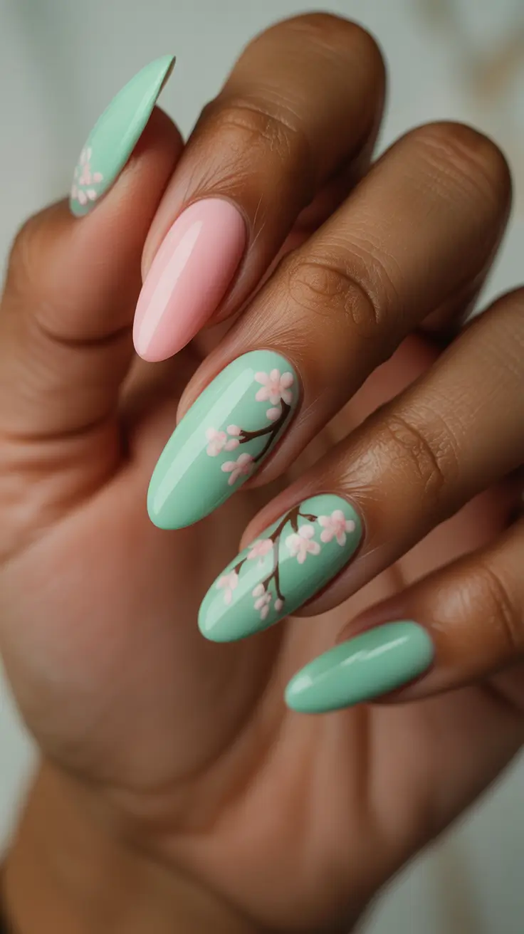chic spring nails for dark skin 2026 Mint Blossoms On Almond Tips