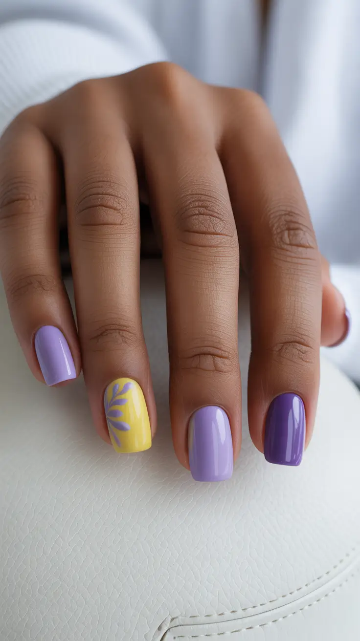 chic spring nails for dark skin 2026 Pastel Purple And Yellow Accent Mix