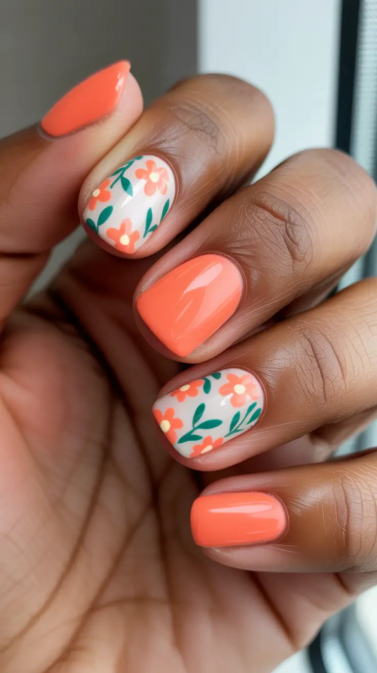 chic spring nails for dark skin 2026 Coral Garden On Soft Square Nails