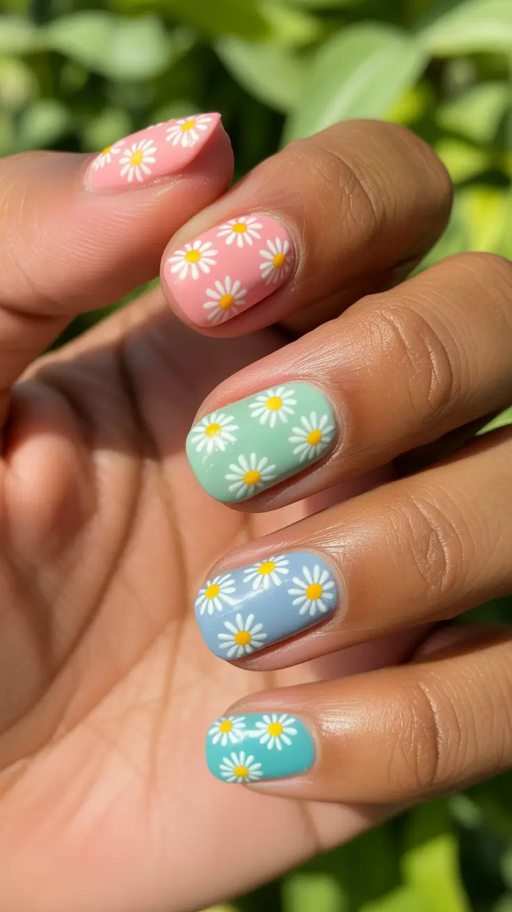 chic spring nails for dark skin 2026 Pastel Daisy Fields On Short Tips