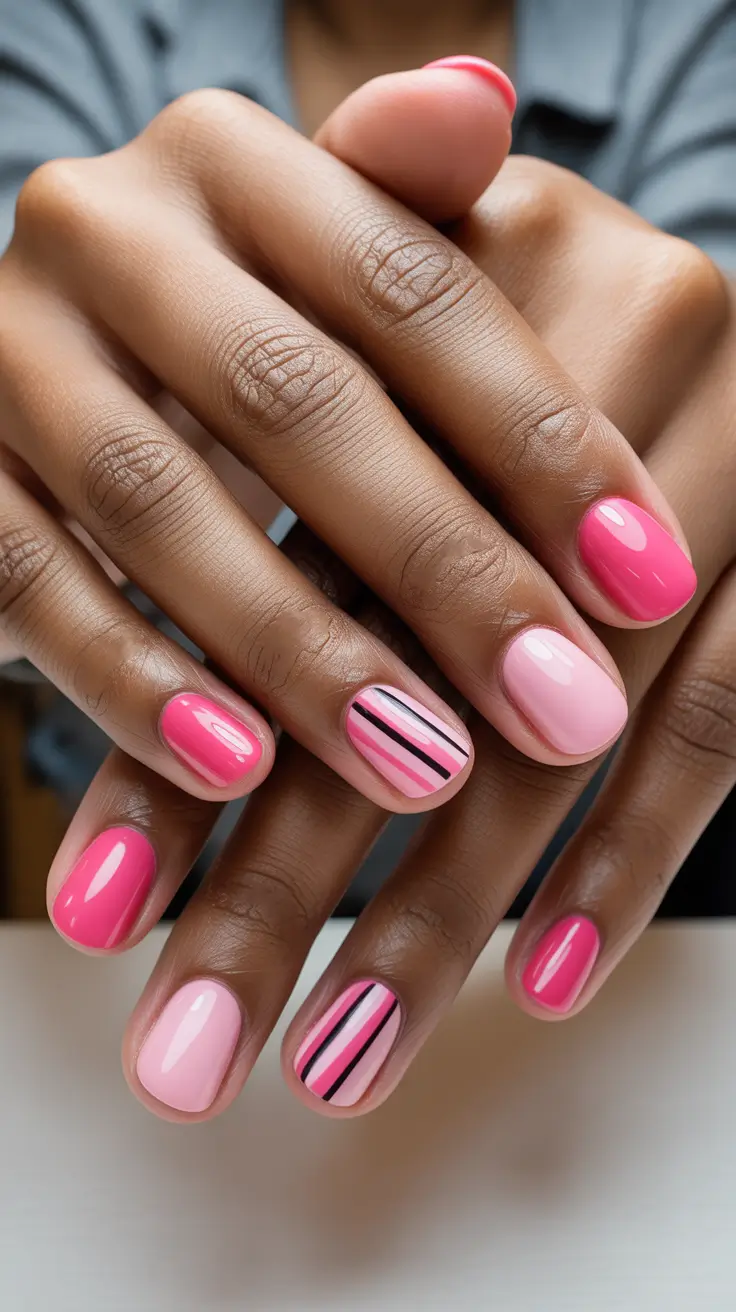 chic spring nails for dark skin 2026 Pink Spring Stripes With A Playful Contrast