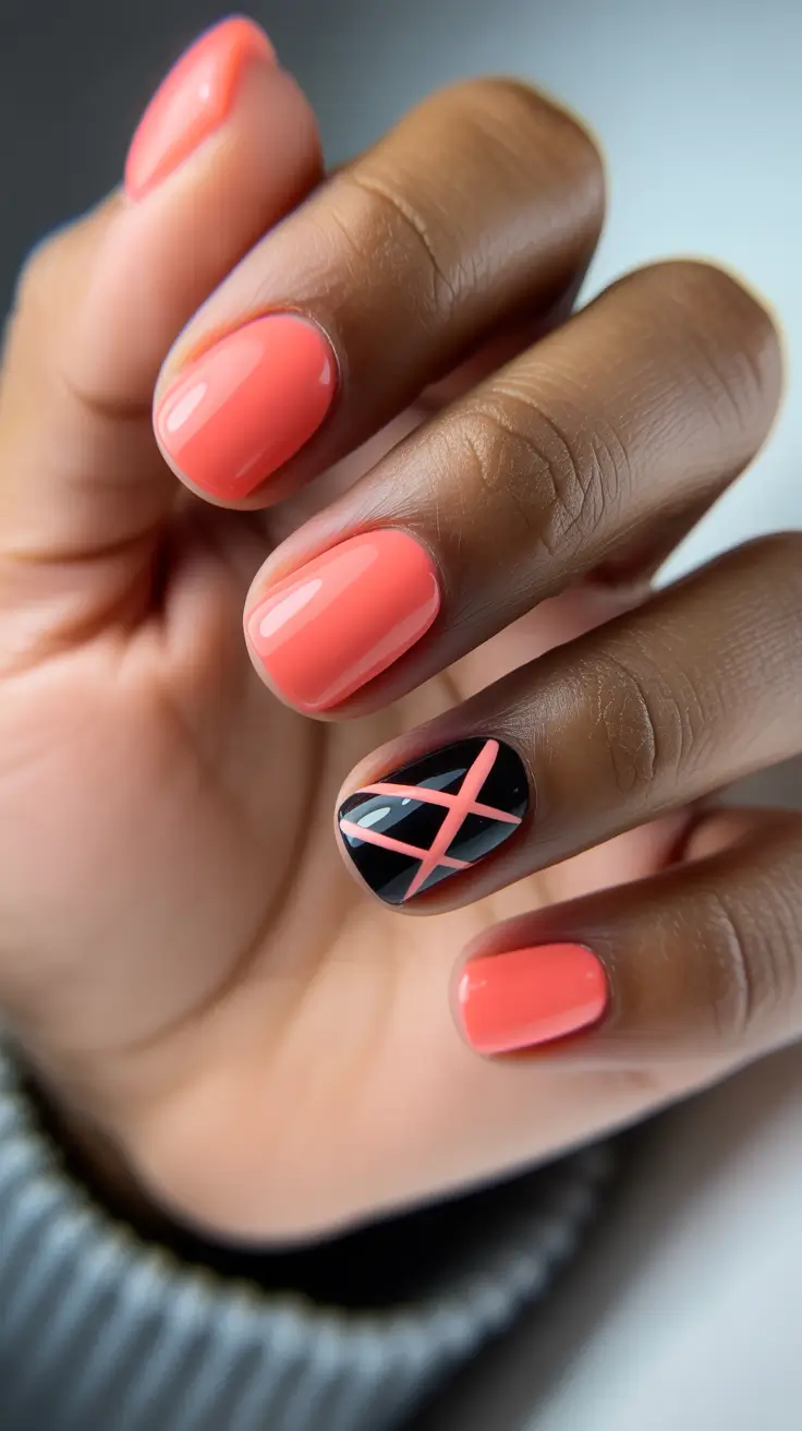 chic spring nails for dark skin 2026 Coral Energy With A Bold Accent