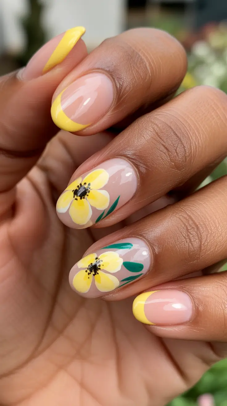 chic spring nails for dark skin 2026 Yellow Petals With Soft French Edges