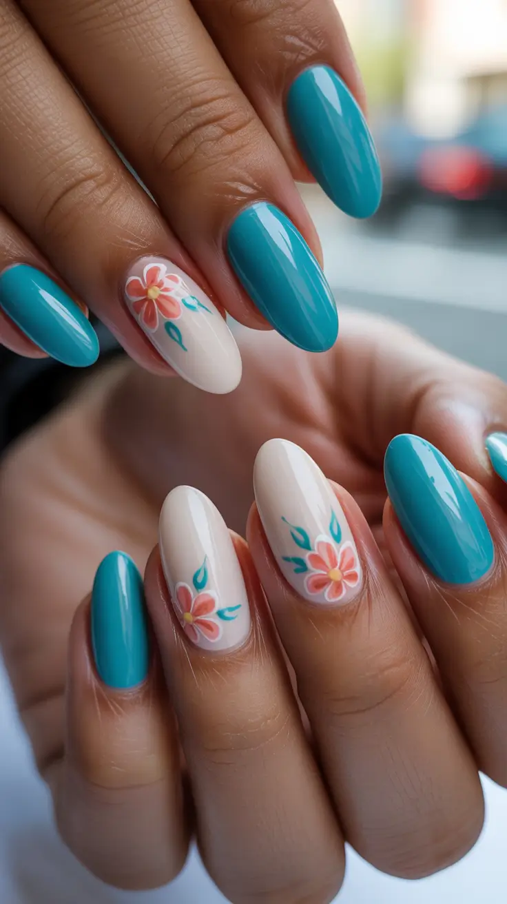 chic spring nails for dark skin 2026 Teal Waves With Peachy Florals
