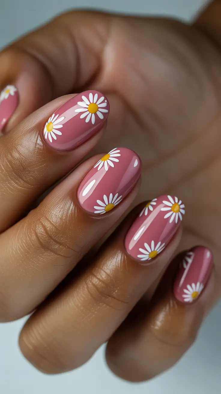 chic spring nails for dark skin 2026 Rose-Pink Daisies For Soft Spring Moments