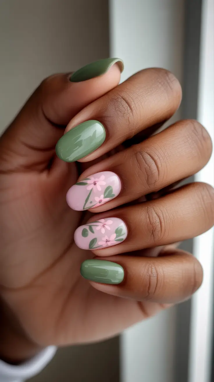 chic spring nails for dark skin 2026 Soft Garden Petals In Sage And Blush