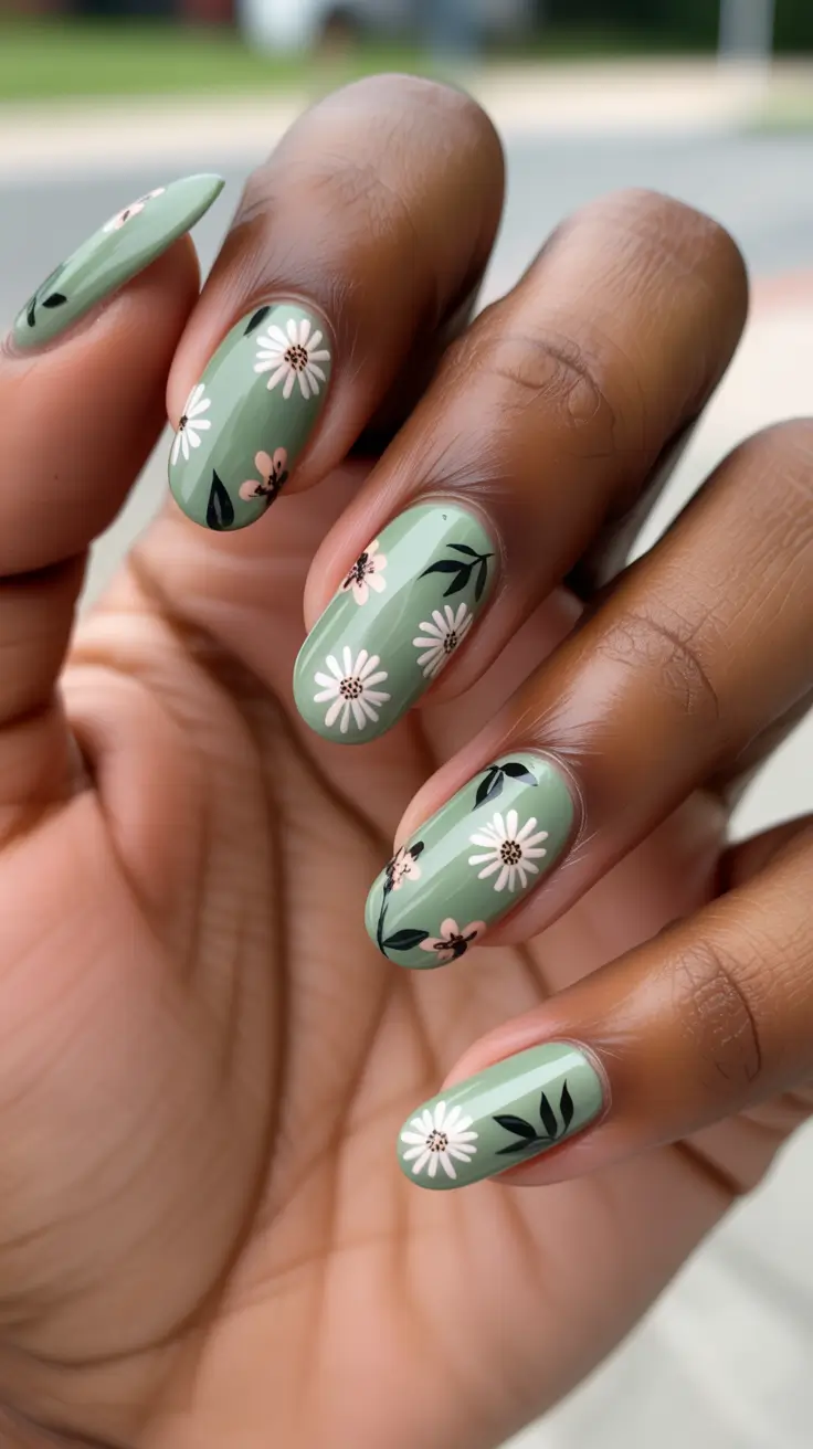 chic spring nails for dark skin 2026 Meadow-Inspired Green Florals