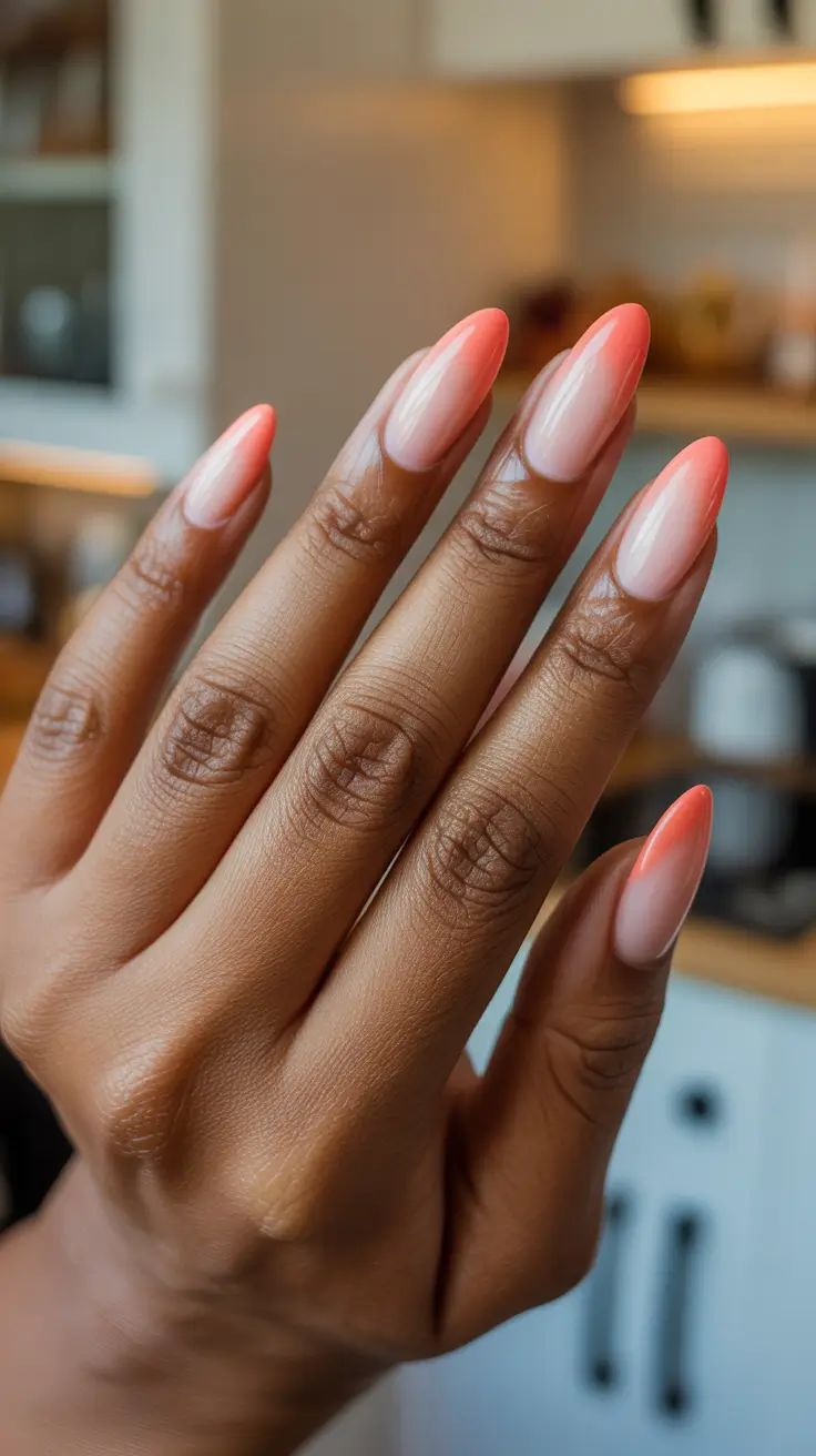 chic spring nails for dark skin 2026 Soft Coral-Pink Ombré Glow