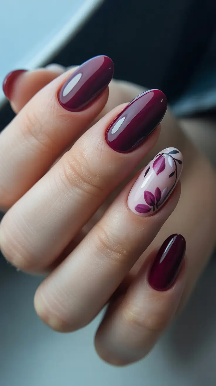 spring oval nails 2026 Burgundy Petals On A Glossy Oval