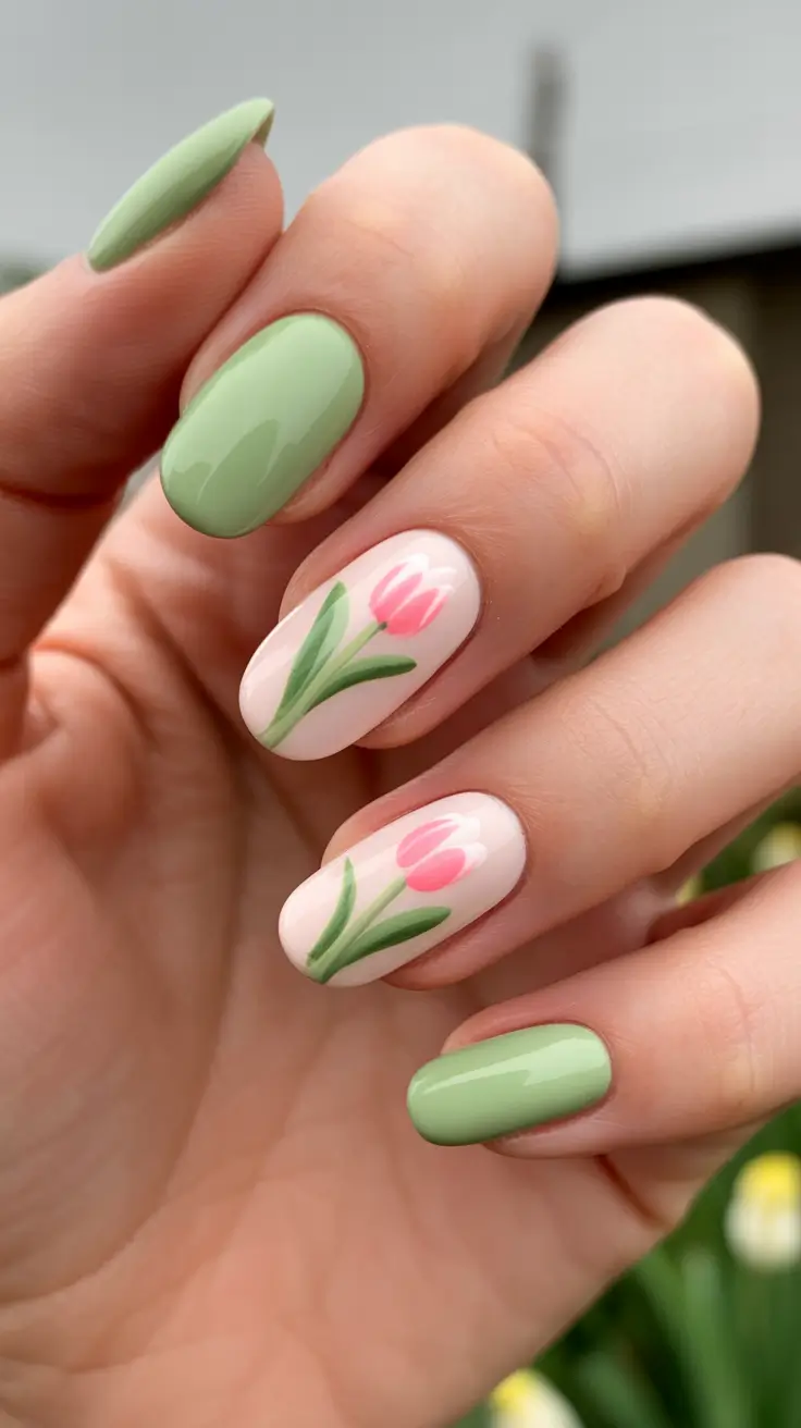 spring oval nails 2026 Fresh Tulip Garden Oval Nails