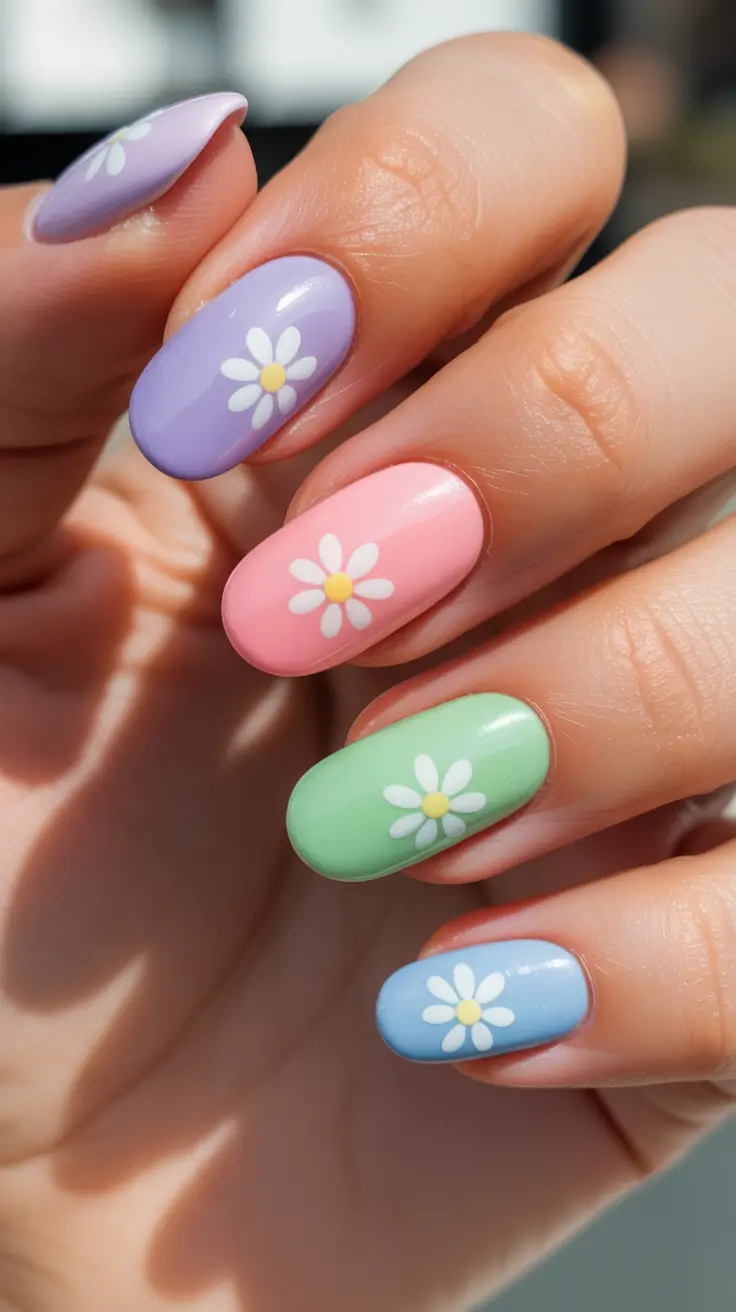 spring oval nails 2026 Pastel Daisy Oval Nails
