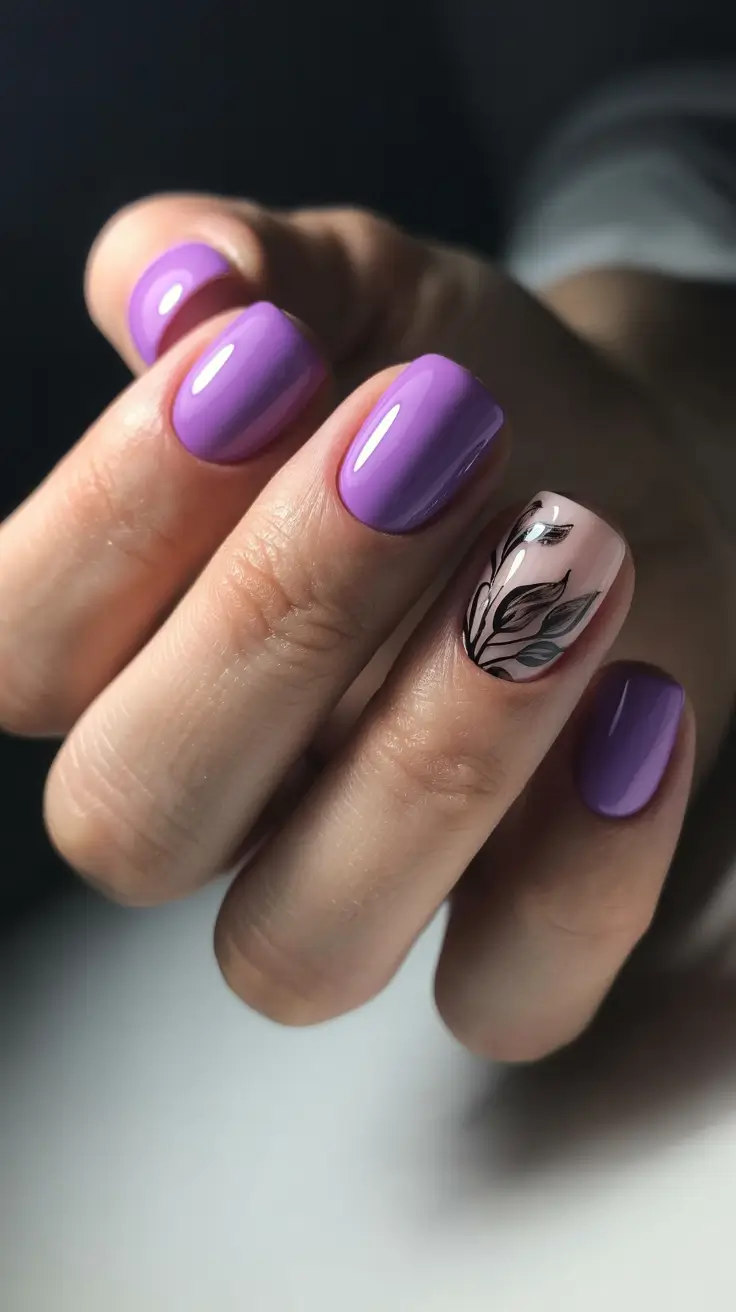 stylish spring short nails 2026 Lavender Gloss with Botanical Accent