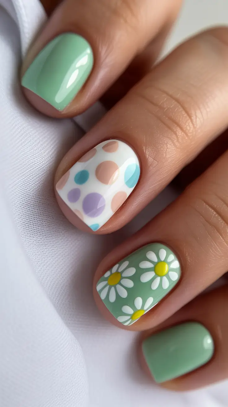 stylish spring short nails 2026 Mint and Daisy Play with Polka Accent