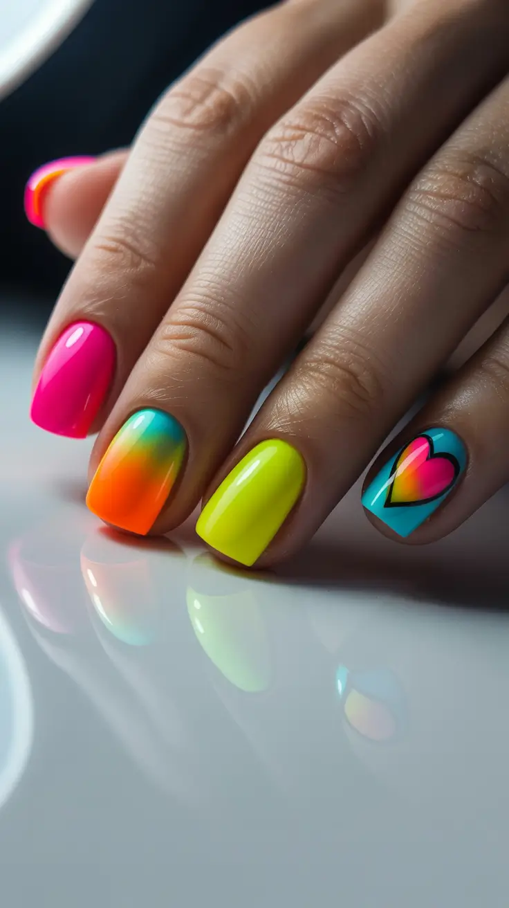 stylish spring short nails 2026 Neon Pop Gradient with Playful Heart Detail