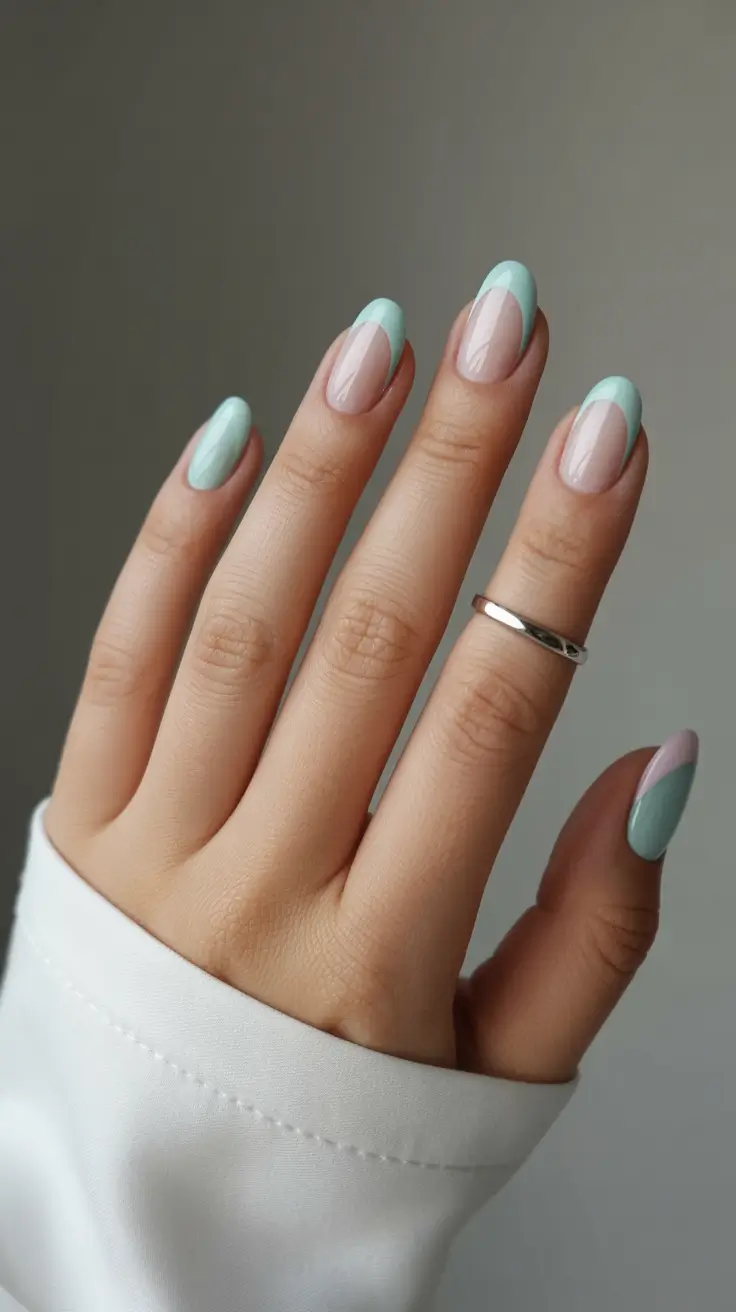 stylish spring short nails 2026 Soft Mint French with Sheer Pink Base